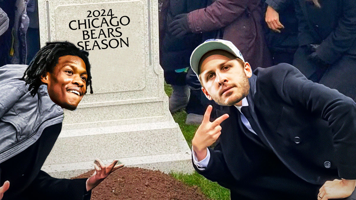 Jared Goff and Jameson Williams as the guys giving the peace sign next to the tombstone, which reads "2024 Chicago Bears season"