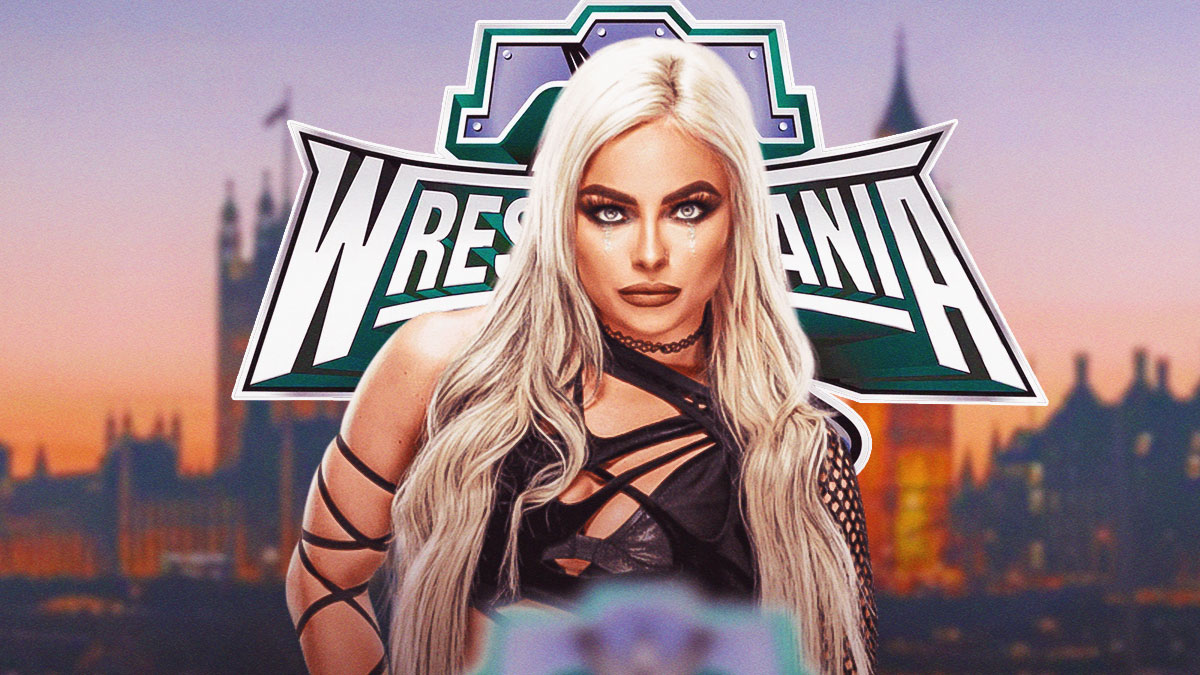 Liv Morgan in front of the WrestleMania 40 logo next to the England's Big Ben