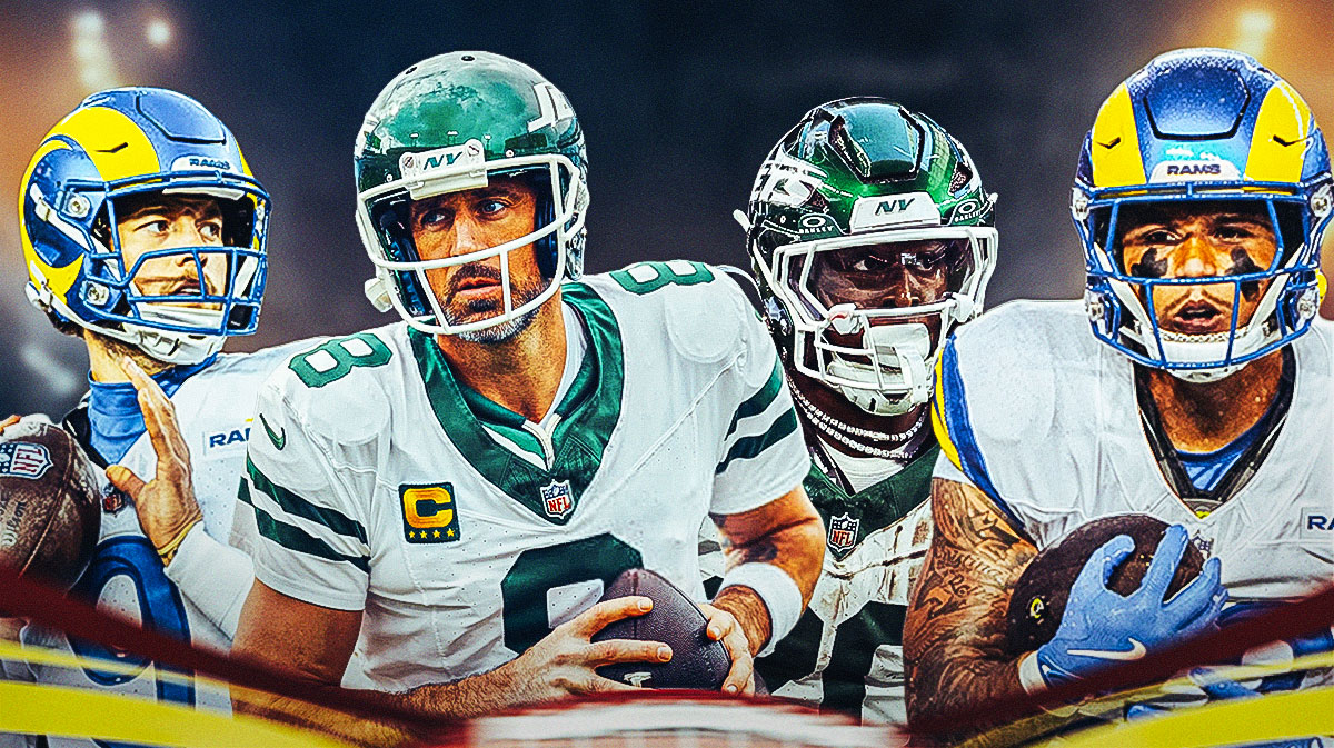 Matthew Stafford, Aaron Rodgers, Breece Hall and Kyren Williams in front of the Jets stadium