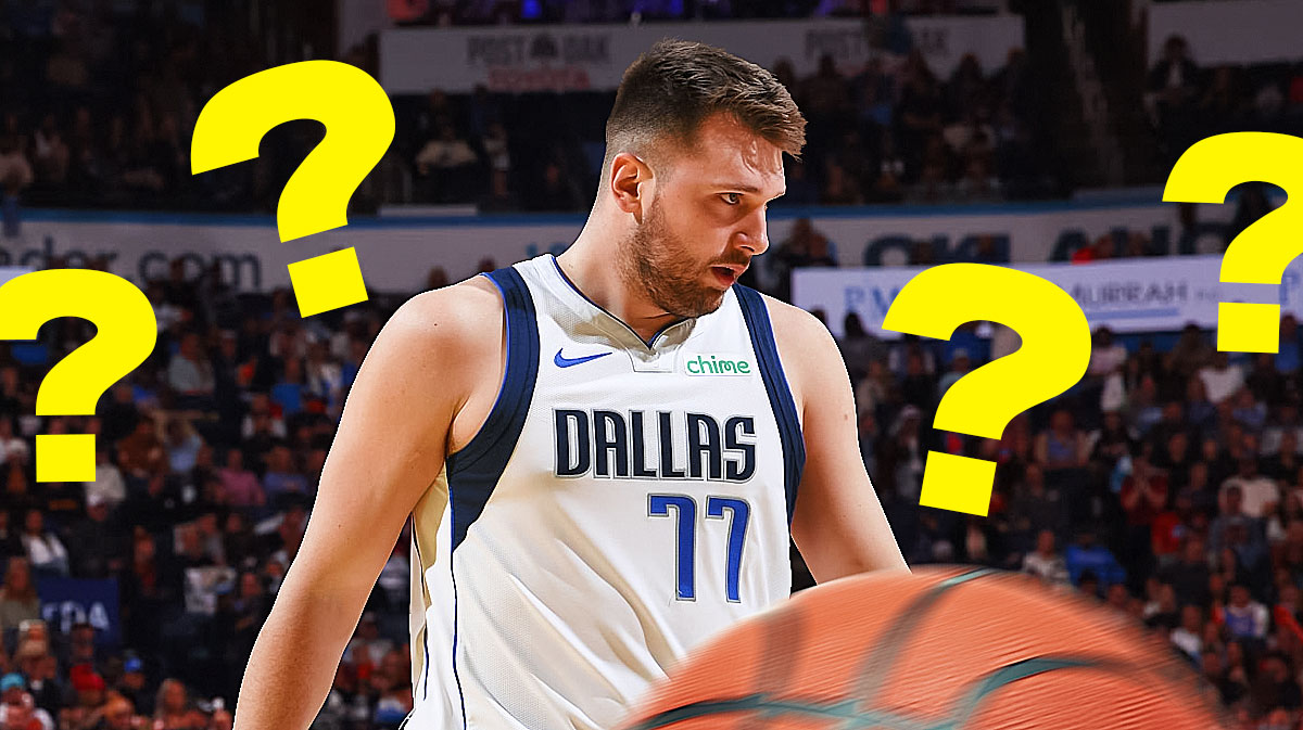 Mavericks Luka Doncic looking upset/serious. Place question marks all over image.