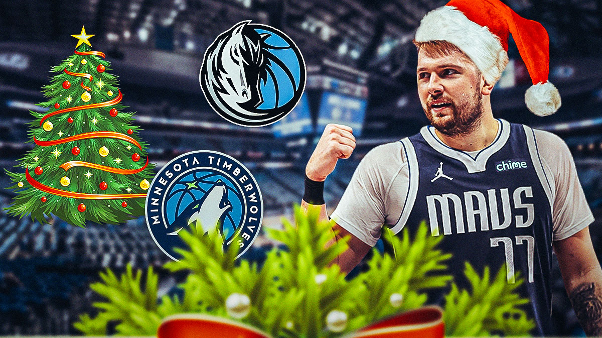Mavs All-Star Luka Doncic in a Christmas hat next to a red Christmas stalking with the Mavericks and Timberwolves logos in the background