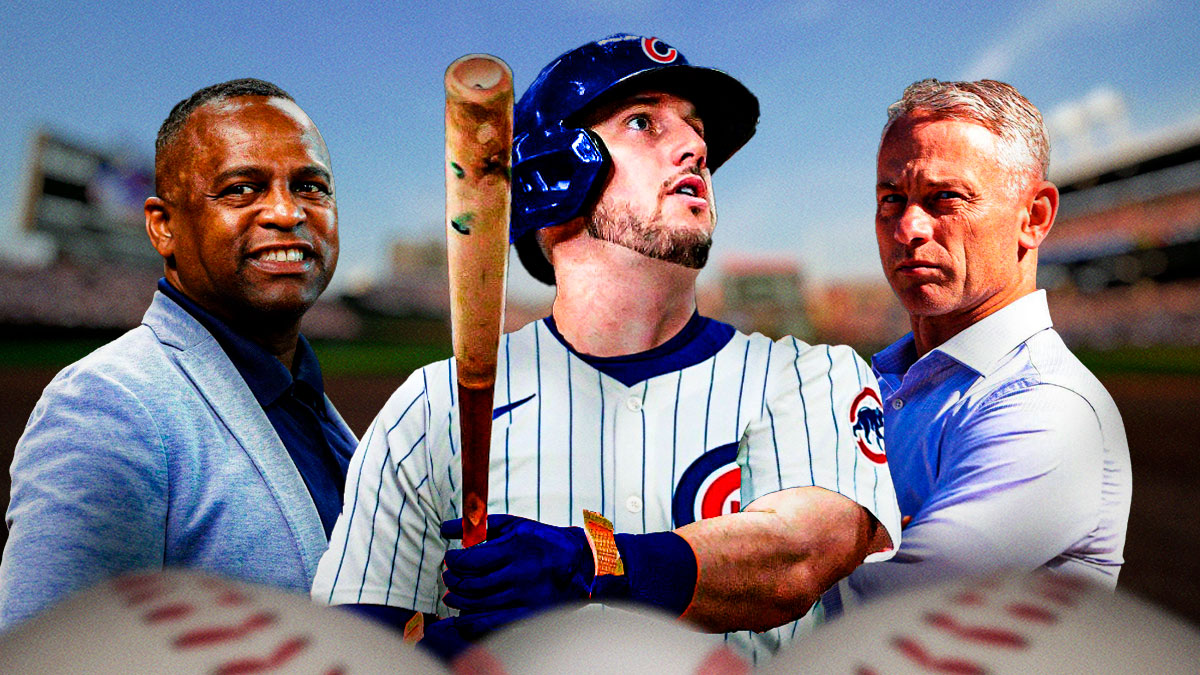 Outfielder Kyle Tucker swinging a bat, running or catching a ball with a jersey swap from the Houston Astros to the Chicago Cubs in center, Houston Astros general manager Dana Brown on left side, Chicago Cubs president of baseball operations Jed Hoyer on right side, Wrigley Field (home stadium of the Chicago Cubs) in background