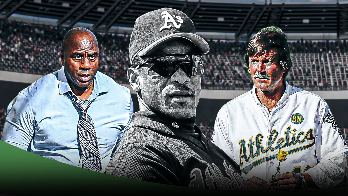 A's Ricky Henderson (center) with a black and white photo, standing next to Dennis Eckersley and Magic Johnson standing beside him looking sad.