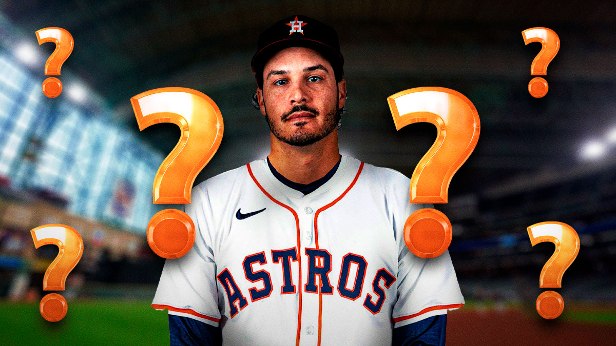 Cardinals star Nolan Arenado in a Astros jersey with question marks around him in frnot of Minute Maid Park.