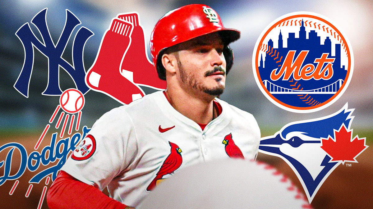 Nolan Arenado (Cardinals) with Yankees, Red Sox, Dodgers, Mets, Blue Jays logos in background