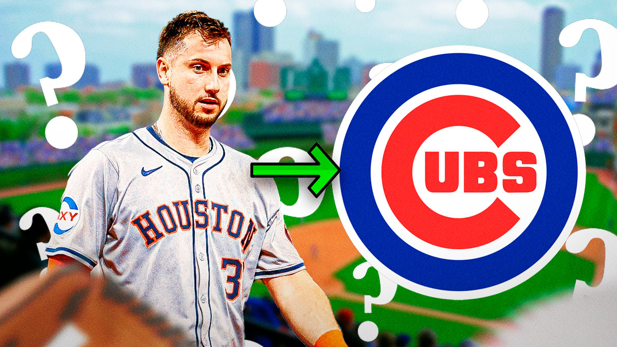 Kyle Tucker on left, Cubs logo on right. Arrow points from Tucker to logo. Question marks all around