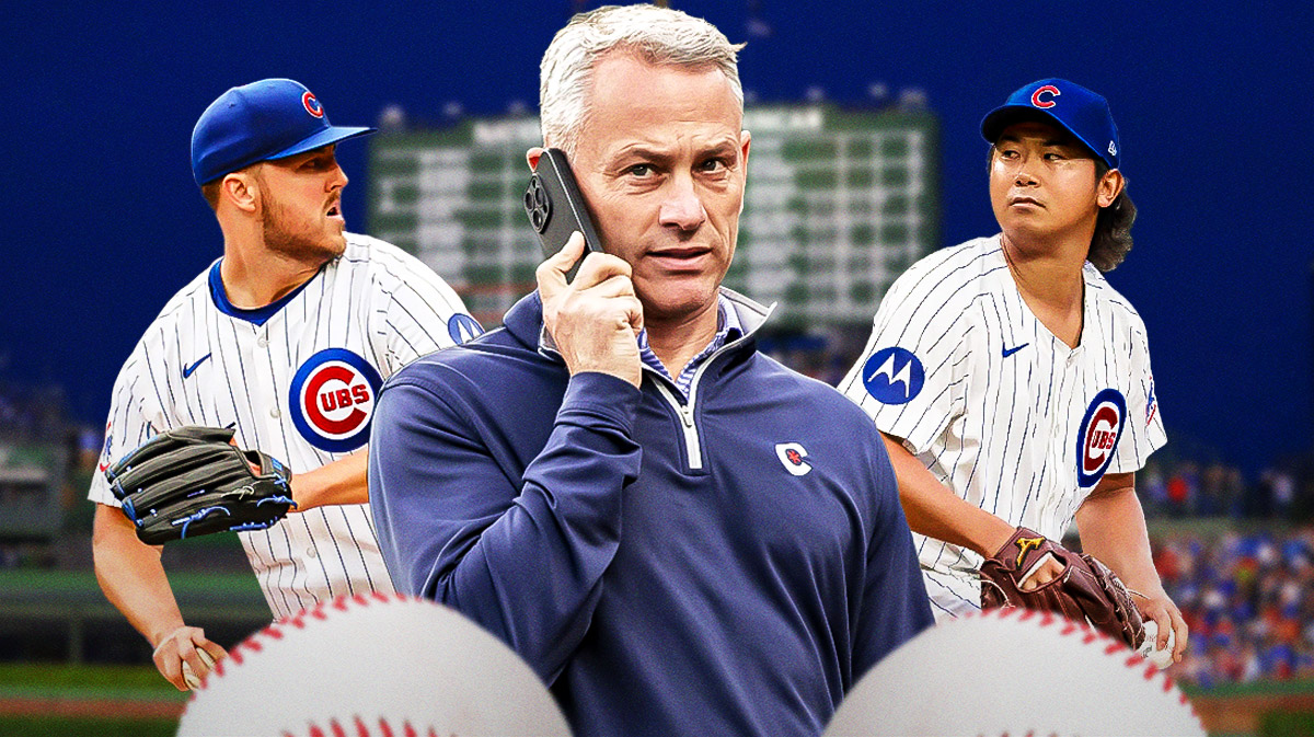 Photo: Jed Hoyer looking serious, Jameson Taillon, Shota Imanaga in Cubs jersey in action behind him, Wrigley Field as background