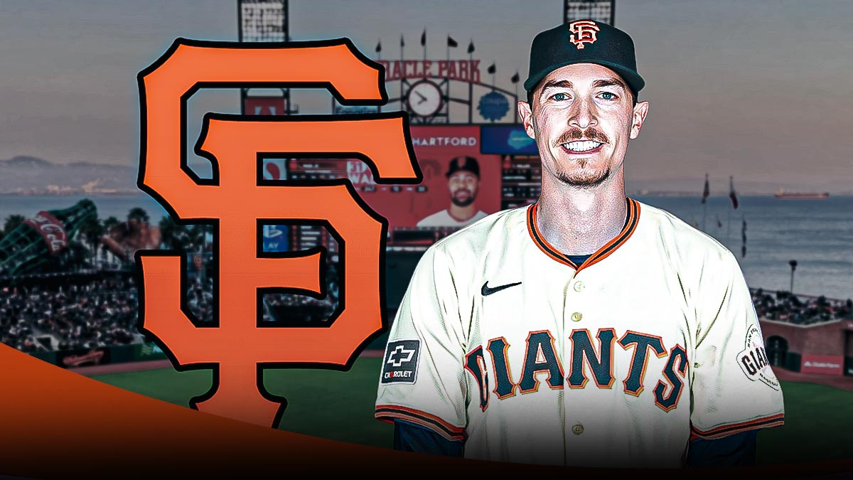 Max Fried wearing a Giants jersey next to a Giants logo