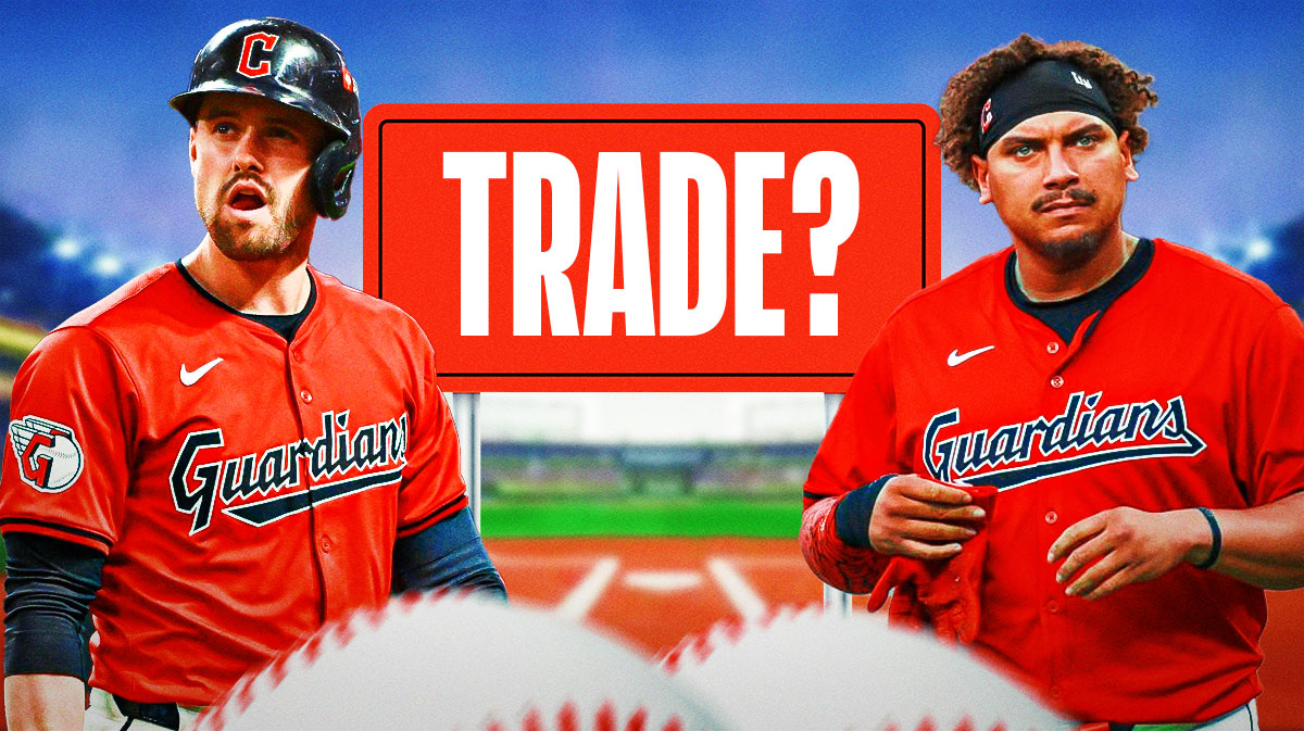 Guardians players Josh Naylor and Lane Thomas with a sign that says "trade?"