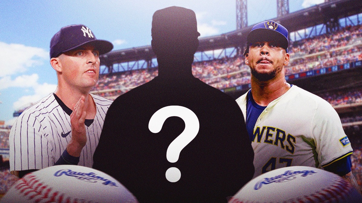 New York Mets starting pitcher Clay Holmes on left side, New York Mets starting pitcher Frankie Montas on right side, player silhouette with question marks in center, Citi Field (home stadium of the New York Mets) in background