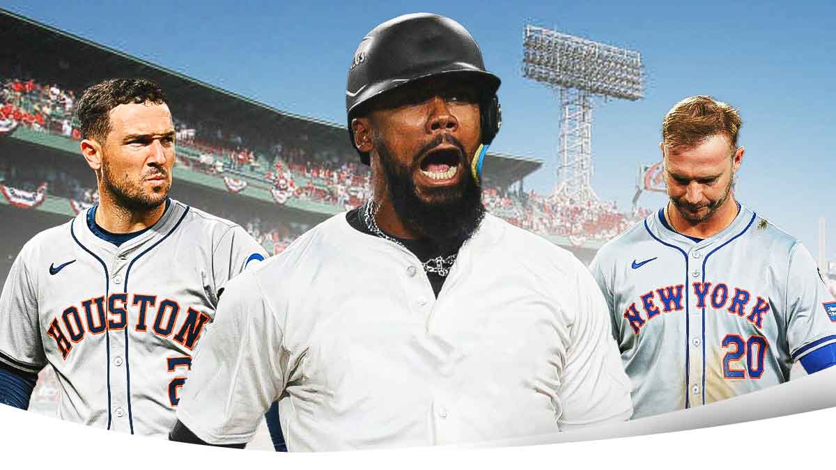 Teoscar Hernandez in a blank jersey, Alex Bregman and Pete Alonso in background with Fenway Park (Red Sox)