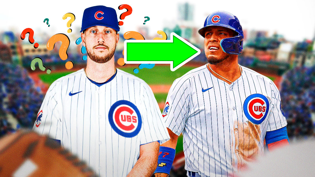 Kyle Tucker in a Cubs uniform with question marks around him with an arrow pointing to Isaac Paredes.