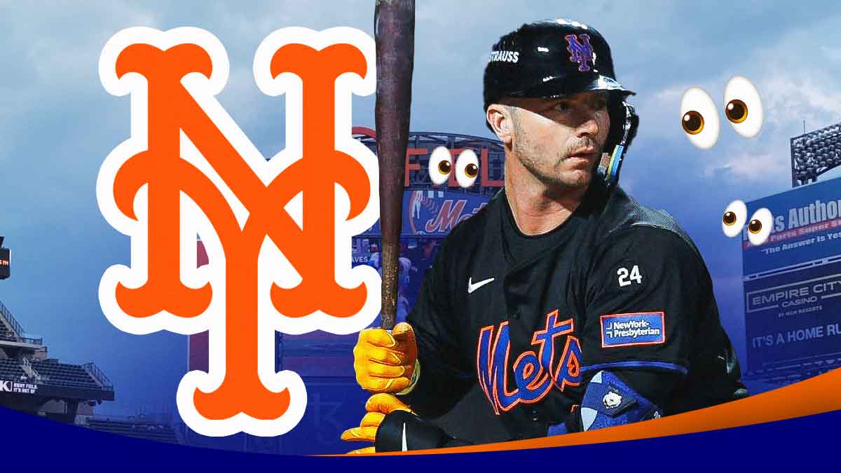 Mets Pete Alonso swinging a baseball bat on right. New York Mets 2024 logo on left. Place the eyes emoji all over image.