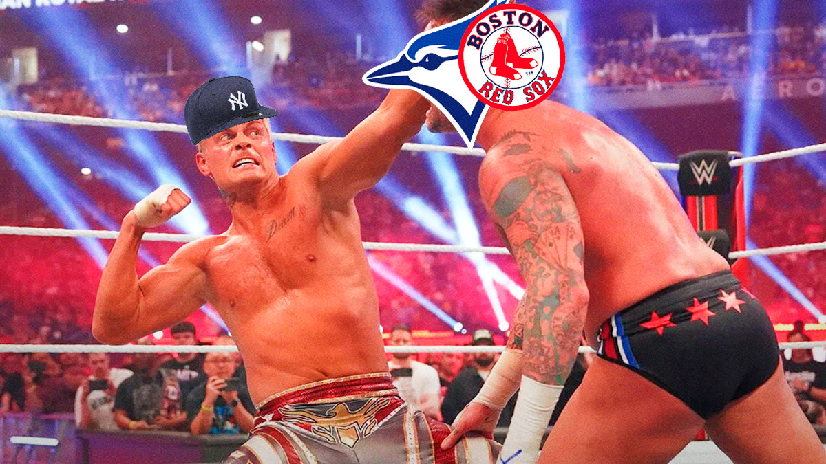 Cody Rhodes wearing a Yankees cap then add the logos of the Toronto Blue Jays and Boston Red Sox to the head/face of CM Punk