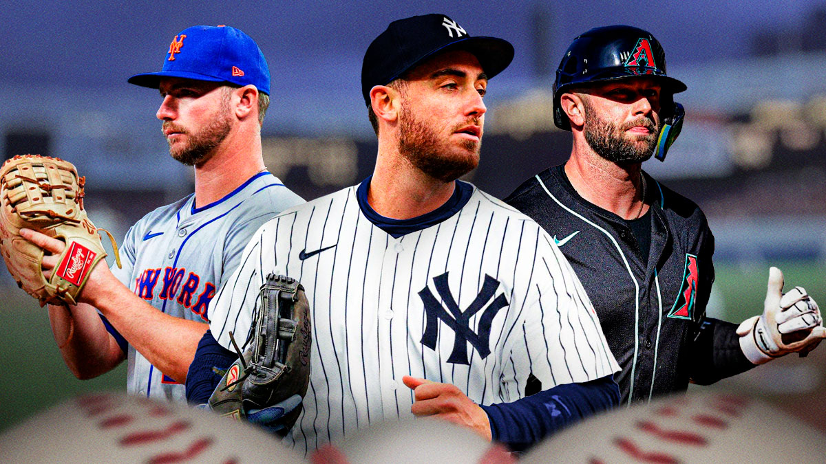 Cody Bellinger in Yankees uniform in the middle, with Pete Alonso and Christian Walker to his left and right, respectively
