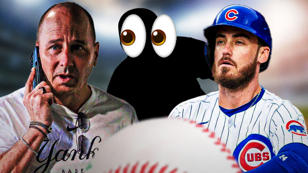 New York Yankees general manager Brian Cashman talking and/or on phone on left side, Chicago Cubs outfielder Cody Bellinger on right side, blank player silhouette with 👀 emoji on face in center, Yankee Stadium (home field of the New York Yankees) in background