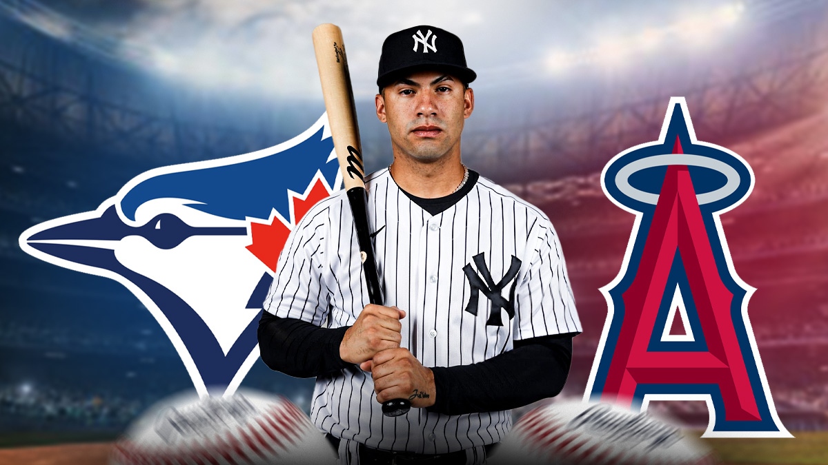 Gleyber Torres front and center. Angels logo behind to right. Blue Jays behind to left