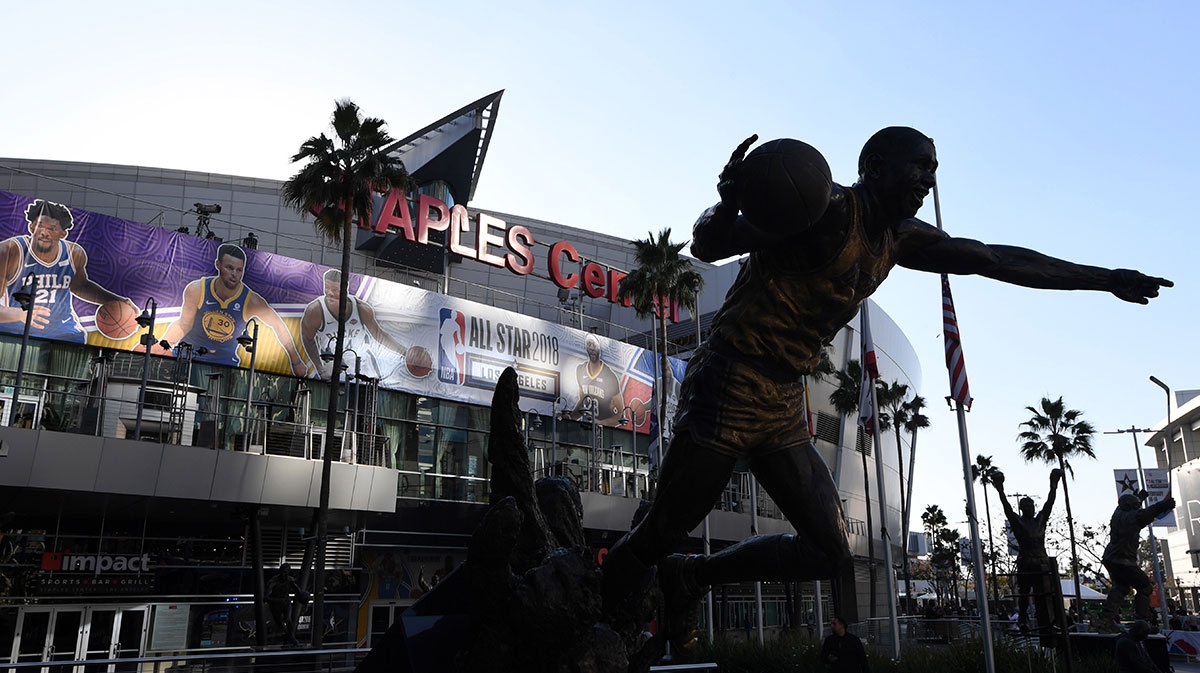 General overall view of Magic Johnson statue at the Staples Center prior to the 2018 NBA All-Star Game. 