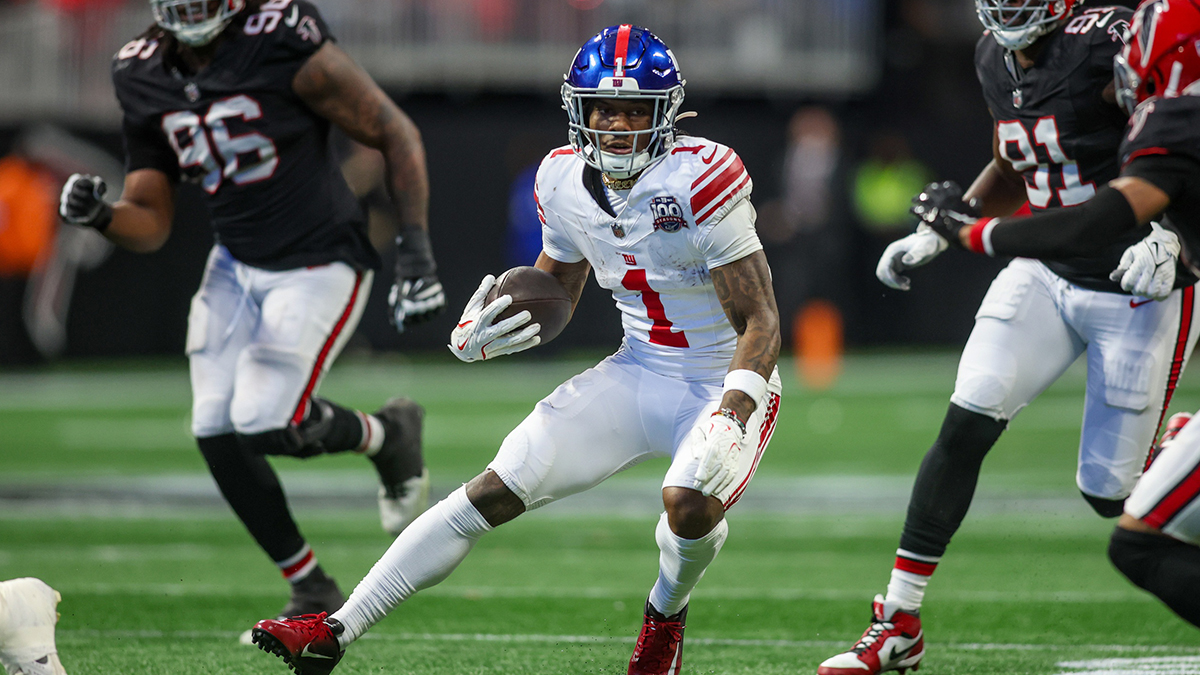 Dec 22, 2024; Atlanta, Georgia, USA; New York Giants wide receiver Malik Nabers (1) runs after a catch against the Atlanta Falcons in the fourth quarter at Mercedes-Benz Stadium. Mandatory Credit: Brett Davis-Imagn Images