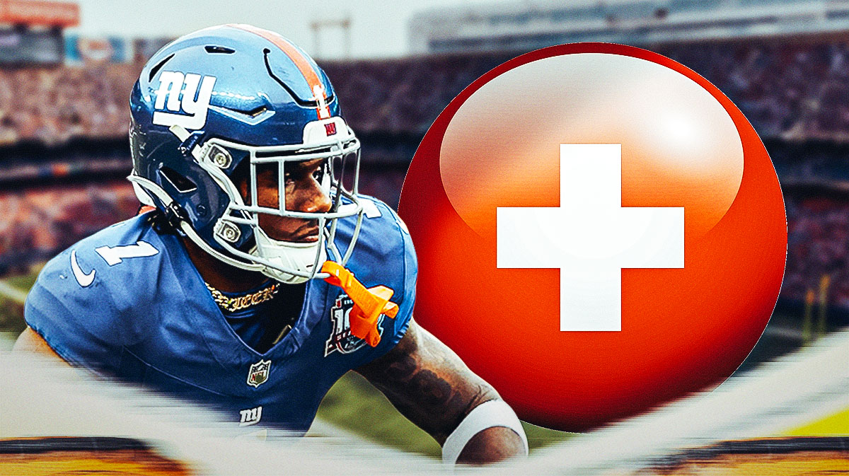 Malik Nabers in Giants uniform with medical alert.