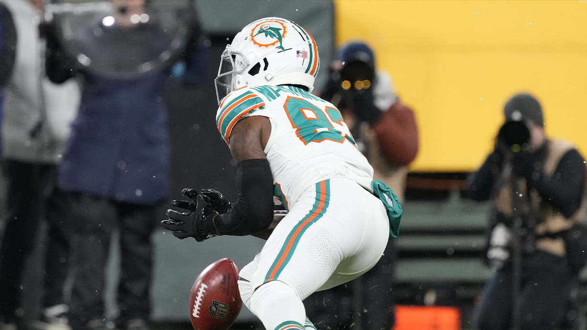 Miami Dolphins wide receiver Malik Washington (83) muffs a punt during the first quarter against the Green Bay Packers at Lambeau Field.