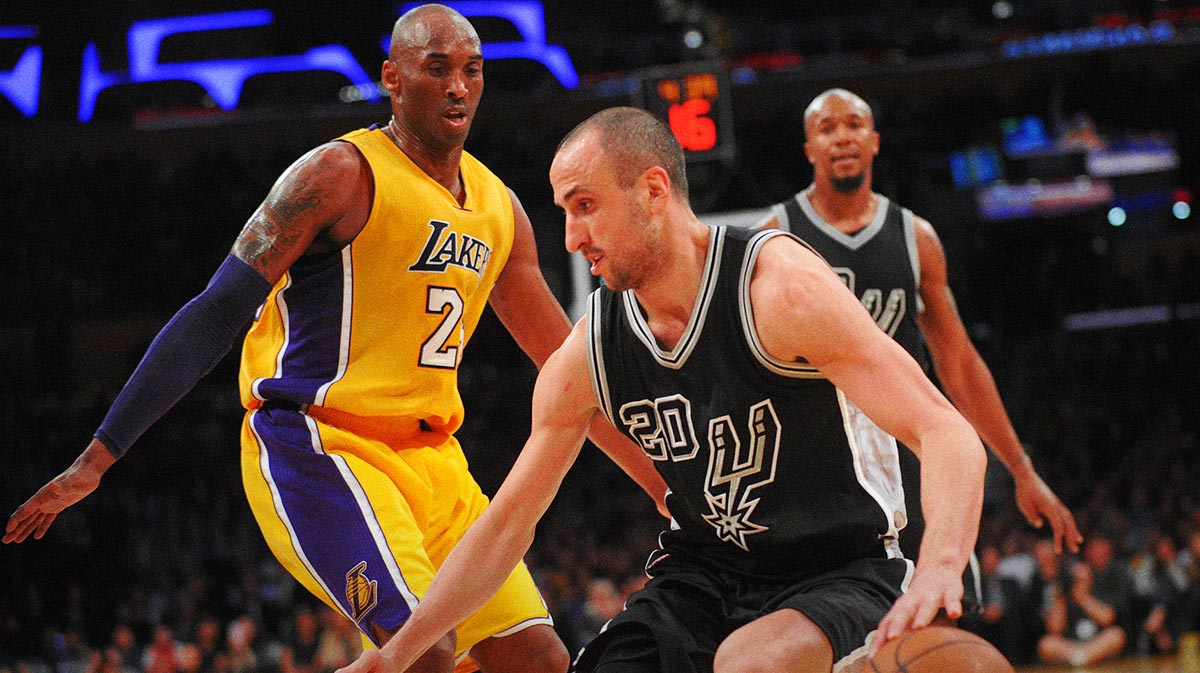 San Antonio Spurs guard Manu Ginobili (20) controls the ball against Los Angeles Lakers forward Kobe Bryant (24) during the second half at Staples Center.