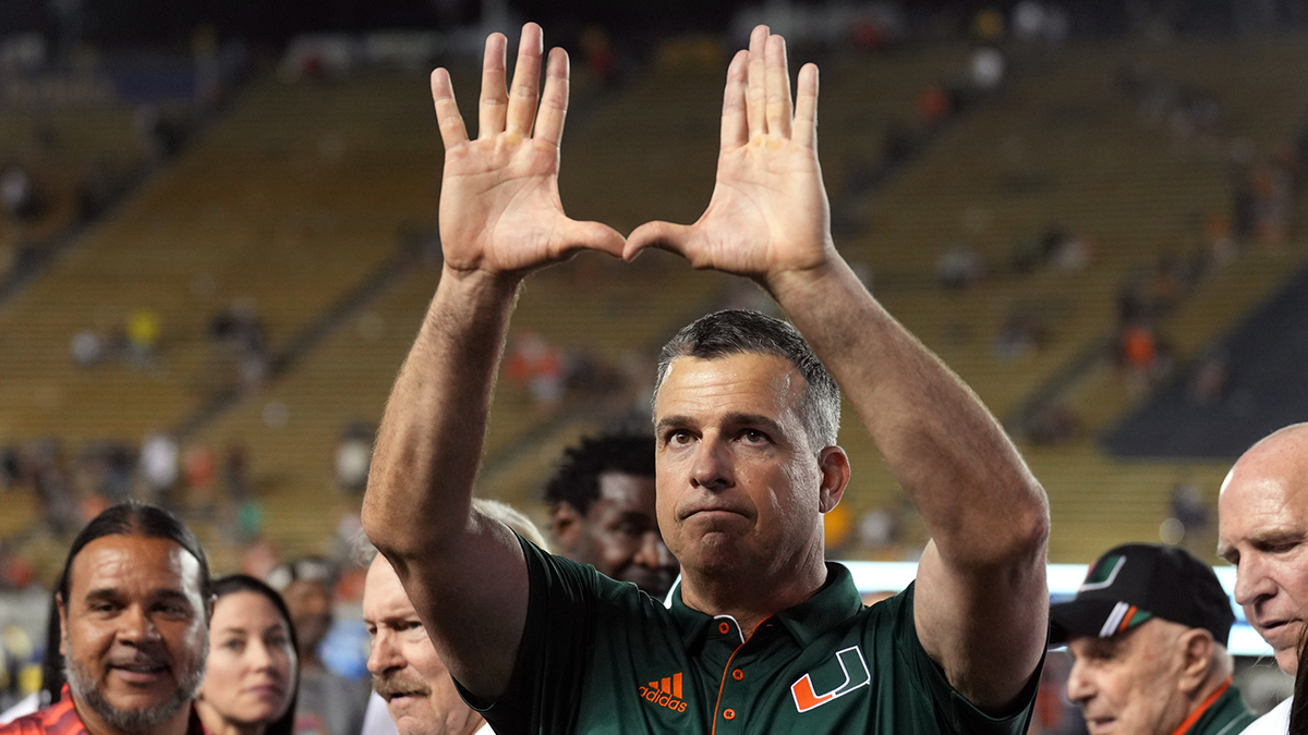 Miami Hurricanes head coach Mario Cristobal gestures after defeating the California Golden Bears at California Memorial Stadium.