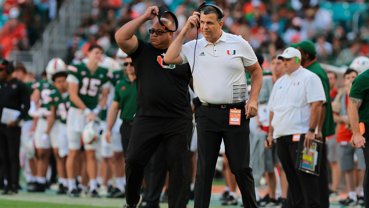 Miami Hurricanes head coach Mario Cristobal look son from the sideline against the Wake Forest Demon Deacons during the second quarter at Hard Rock Stadium.