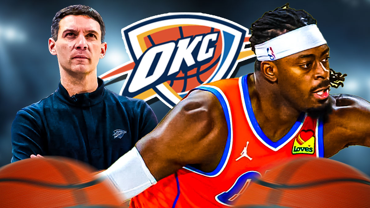 Thunder head coach Mark Daigneault next to Thunder guard Lu Dort with the Thunder logo in between them