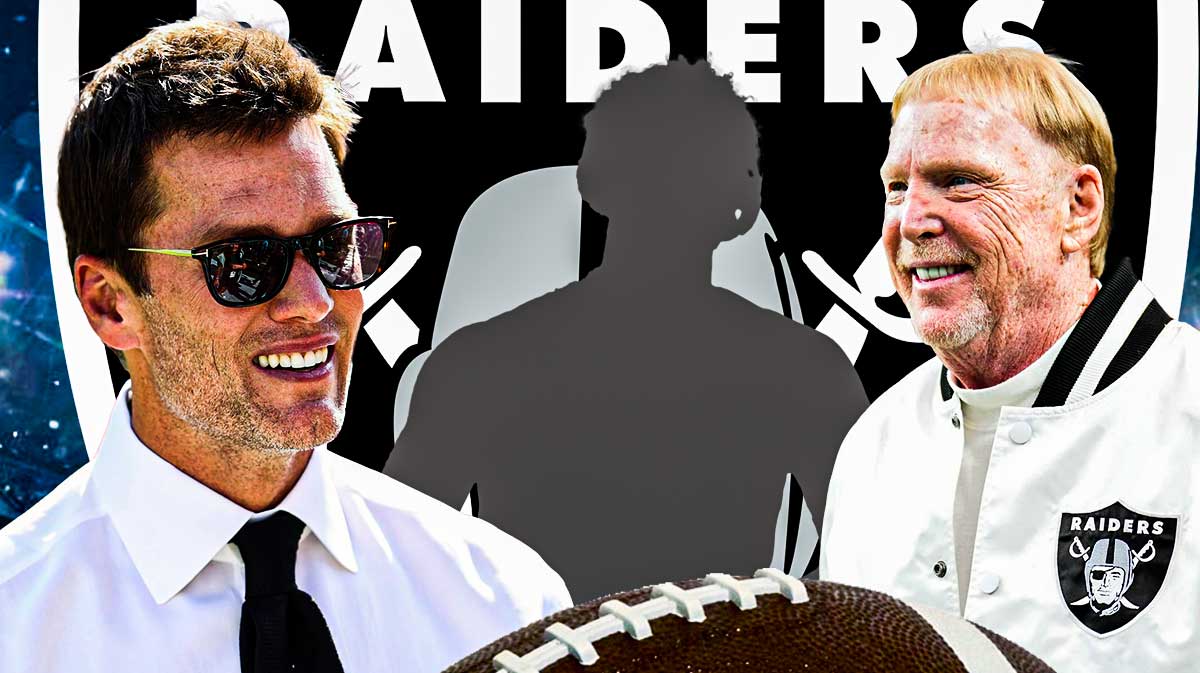 Tom Brady (current pic) on one side, Raiders owner Mark Davis on the other and a Raiders logo and a silhouette of Shedeur Sanders in action in the middle