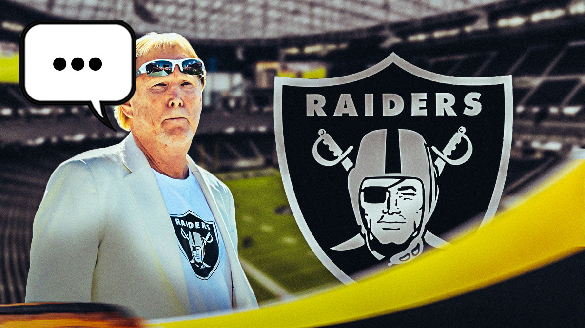 Las Vegas Raiders owner Mark Davis with a speech bubble that has the three dots emoji inside. There is also a logo for the Las Vegas Raiders.
