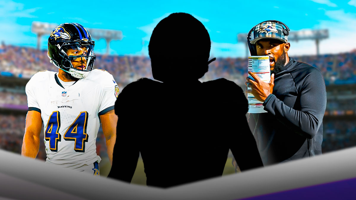 Marlon Humphrey on the left, Zach Orr on the right, and the blacked-out silhouette of Kyle Hamilton in the middle in front of the Ravens stadium.