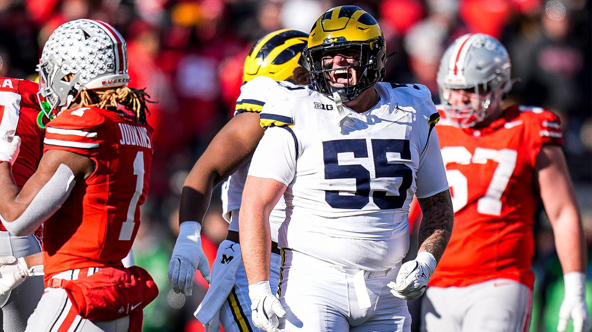 Michigan defensive lineman Mason Graham (55) celebrates a play against Ohio State during the second half at Ohio Stadium