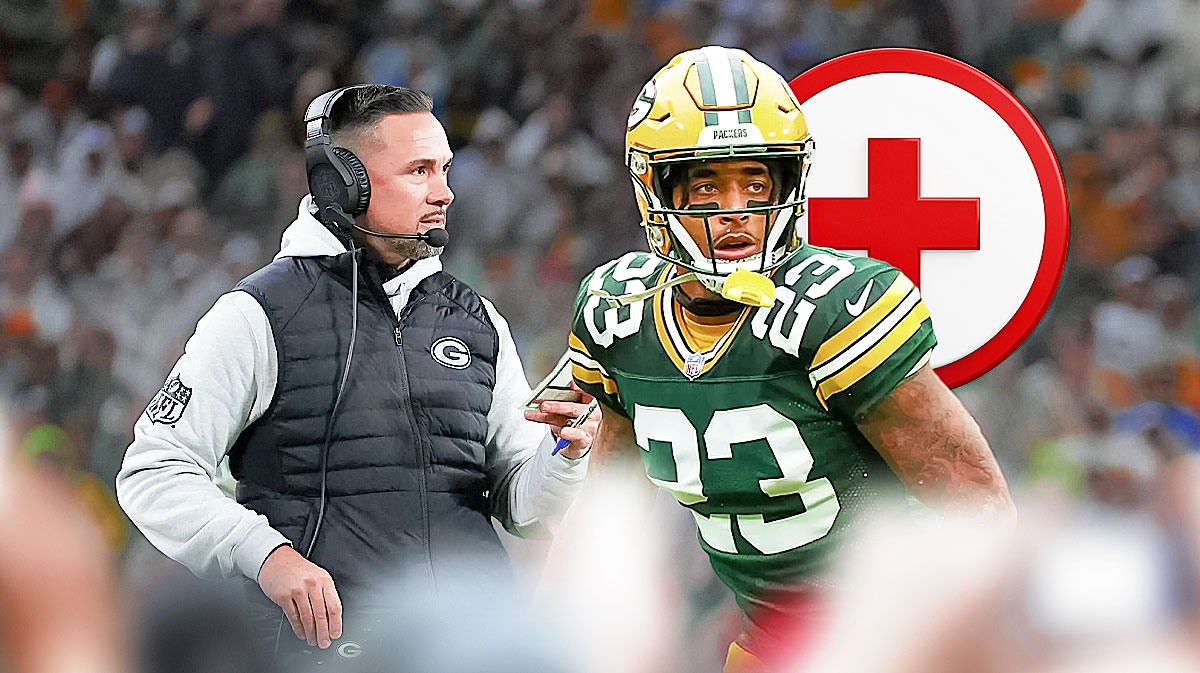 Packers coach Matt LaFleur with big cartoon eyes looking at Sam Darnold in a Minnesota Vikings uniform as the Packers lost to Darnold and the Vikings.