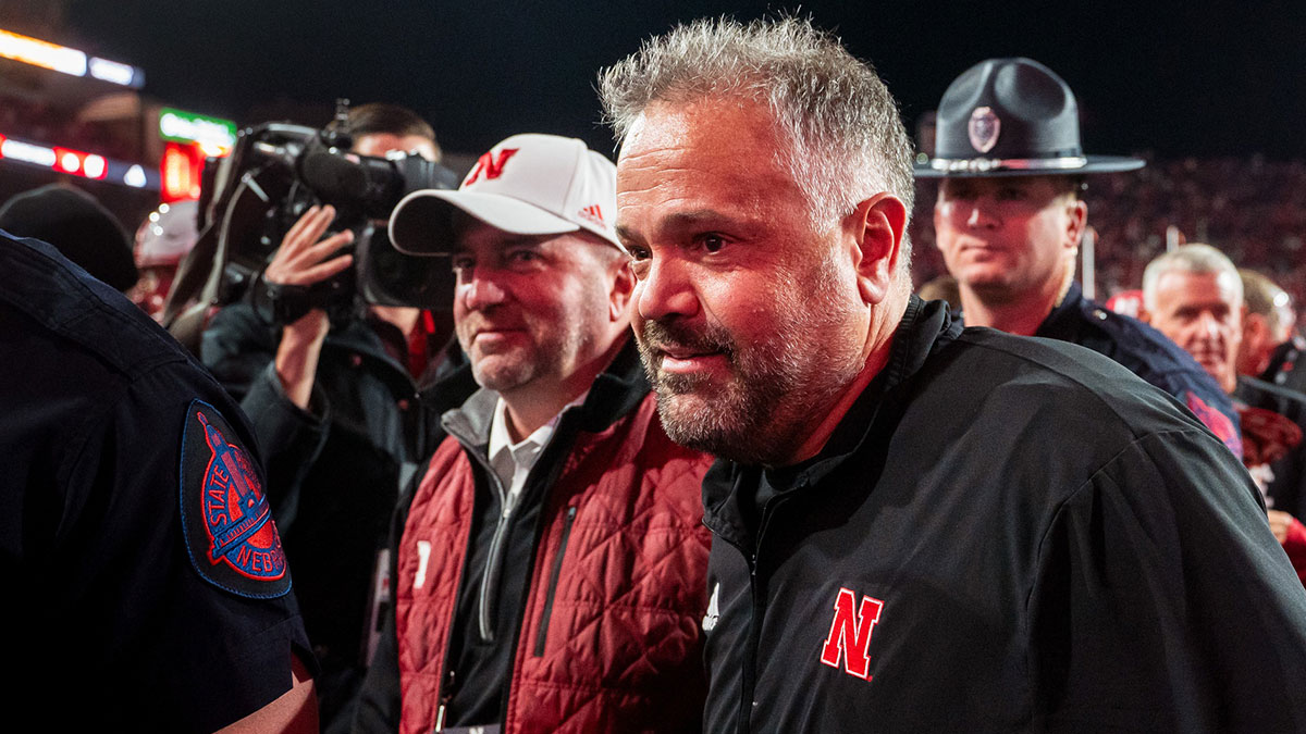 Nebraska Cornhuskers head coach Matt Rhule and athletic director Troy Dannen walk off the field after defeating the Wisconsin Badgers at Memorial Stadium.