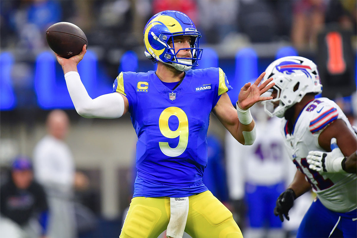 Los Angeles Rams quarterback Matthew Stafford (9) throws against the Buffalo Bills during the second half at SoFi Stadium.