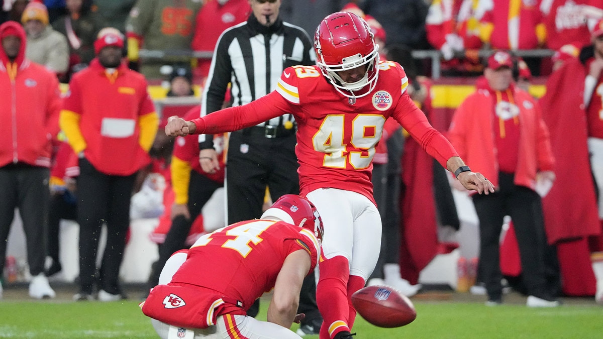 Kansas City Chiefs place kicker Matthew Wright (49) kicks a field goal against the Las Vegas Raiders during the second half at GEHA Field at Arrowhead Stadium.