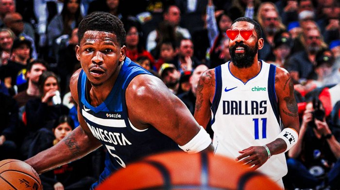 Photo: Kyrie Irving with heart eyes in Mavericks jersey looking at Anthony Edwards in action