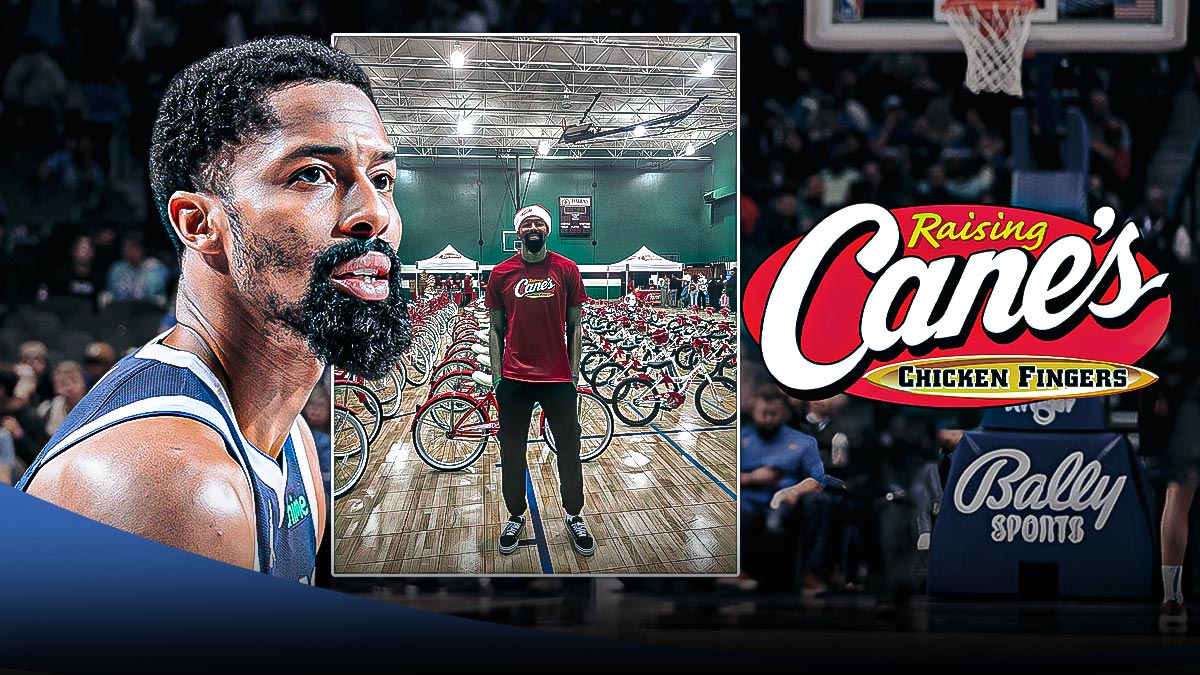 Mavericks Spencer Dinwiddie smiling on left. Raising Cane's logo on right.
