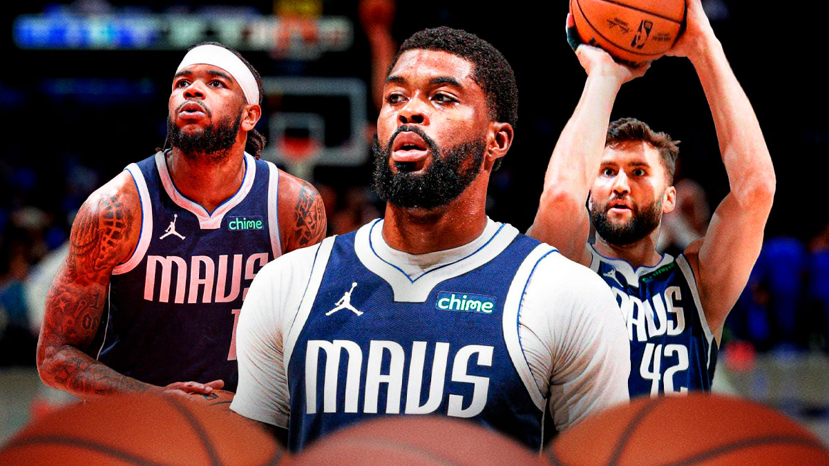 Mavericks Naji Marshall in front looking serious. Mavericks Jaden Hardy in background on left shooting a basketball, Mavericks Maxi Kleber on right shooting a basketball.