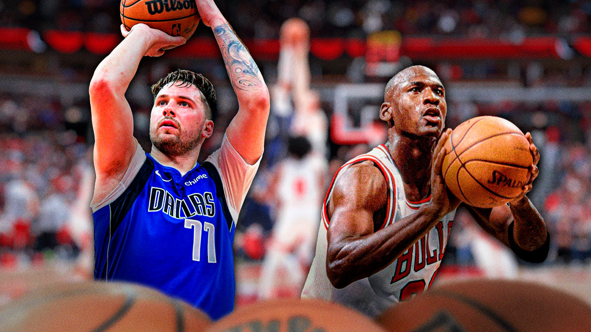 Mavericks Luka Doncic shooting a basketball on left, Bulls Michael Jordan shooting a basketball on right.