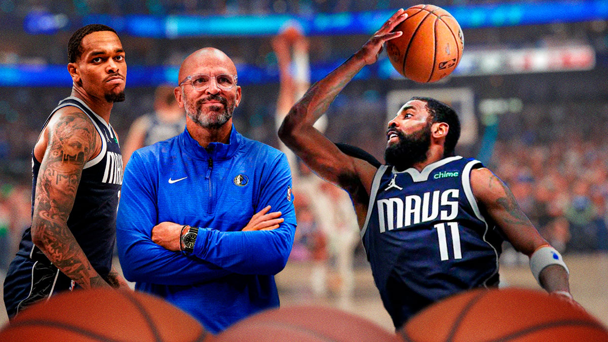 Mavericks Jason Kidd and Mavericks PJ Washington both smiling on left. Mavericks Kyrie Irving shooting a lay-up on right.