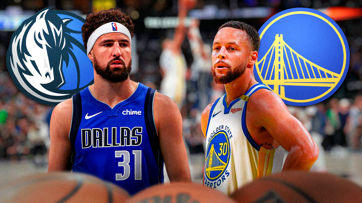 Mavericks guard Klay Thompson next to Warriors guard Stephen Curry with the Mavericks and Warriors logos in the background