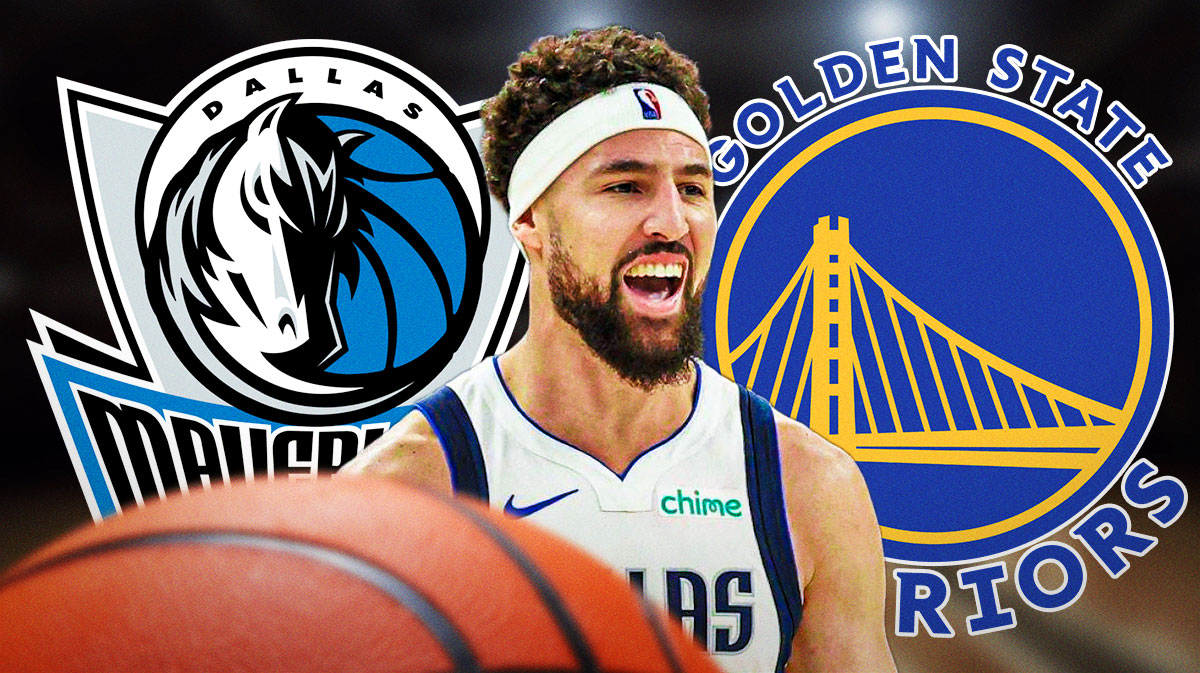 Mavericks guard Klay Thompson next to the Mavericks & Warriors logo with the 3-point arc and a basketball in the background