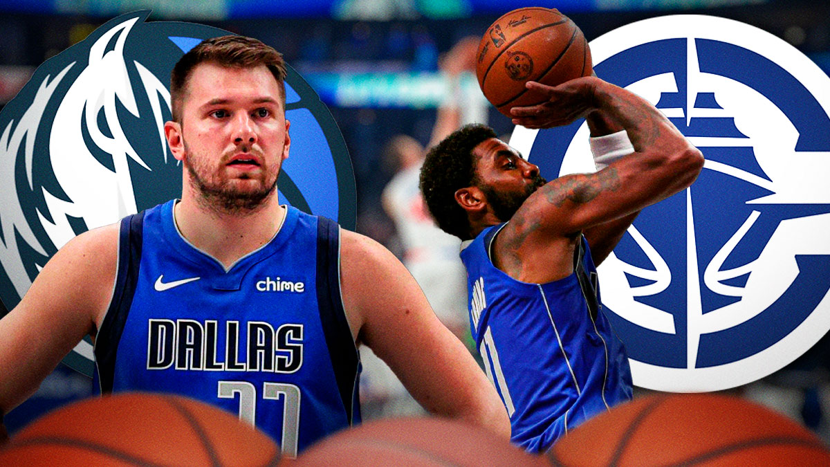 Mavericks Luka Doncic on left looking serious. Mavericks Kyrie Irving on right shooting a basketball. Los Angeles Clippers and Dallas Mavericks 20204 logos in background.