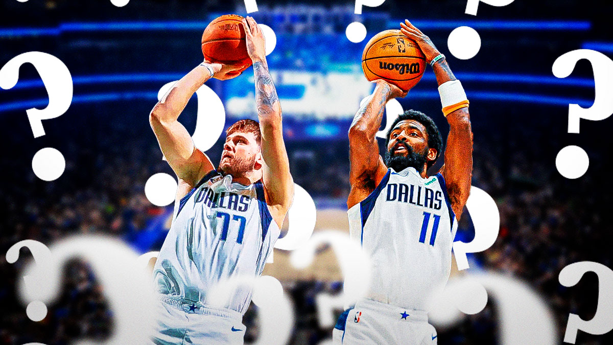 Mavericks Luka Doncic, Mavericks Kyrie Irving both shooting basketballs with question marks everywhere.