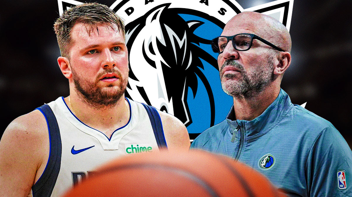 Mavericks superstar Luka Doncic next to Mavericks head coach Jason Kidd with the Mavericks logo in the background
