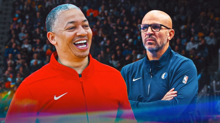 Clippers Tyronn Lue smiling on left. Mavericks Jason Kidd coaching during an NBA game in 2024.