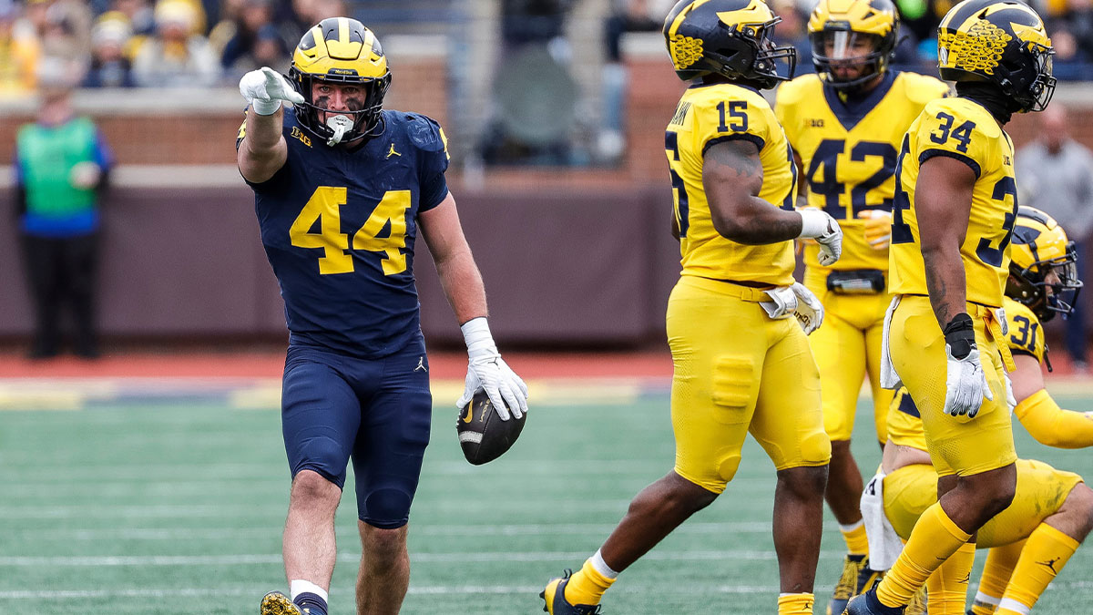 Blue Team tight end Max Bredeson (44) celebrates a first down against Maize Team during the first half of the spring game at Michigan Stadium
