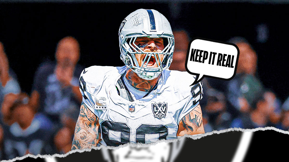 Raiders defensive end Maxx Crosby with a thought bubble that says "Keep it real" with the Raiders logo and Allegiant Stadium in the background